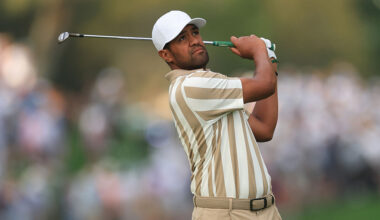 PONTE VEDRA BEACH, FLORIDA - MARCH 12: Tony Finau of the United States hits his second shot on the 10th hole during the first round of THE PLAYERS Championship 2026 at THE PLAYERS Stadium course at TPC Sawgrass on March 12, 2026 in Ponte Vedra Beach, Florida.