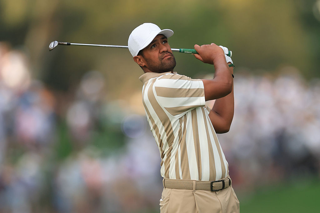PONTE VEDRA BEACH, FLORIDA - MARCH 12: Tony Finau of the United States hits his second shot on the 10th hole during the first round of THE PLAYERS Championship 2026 at THE PLAYERS Stadium course at TPC Sawgrass on March 12, 2026 in Ponte Vedra Beach, Florida.