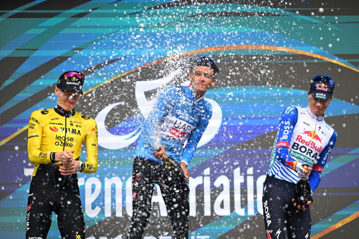 Matteo Jorgenson (Visma-Lease a Bike), Isaac Del Toro (UAE Emirates-XRG) and Giulio Pellizzari (Red Bull - Bora - Hansgrohe) on the GC podium of Tirreno-Adriatico (Photo: Tim de Waele/Getty Images)