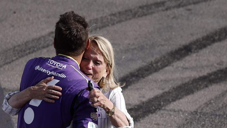 Denny Hamlin hugs his mother Mary Lou Hamlin after a NASCAR race