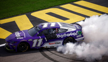 LAS VEGAS, NEVADA - MARCH 15: Denny Hamlin, driver of the #11 Yahoo! Toyota, celebrates with a burnout after winning the NASCAR Cup Series Pennzoil 400 presented by Jiffy Lube at Las Vegas Motor Speedway on March 15, 2026 in Las Vegas, Nevada.