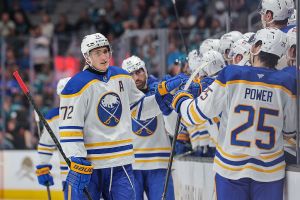 SAN JOSE, CA - MARCH 19: Tage Thompson #72 of the Buffalo Sabres scores a goal during the third period of a game against the San Jose Sharks at SAP Center on March 19, 2026 in San Jose, California. (Photo by Panayiota Good/NHLI via Getty Images)