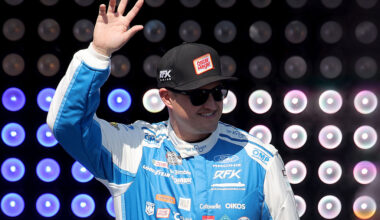 DARLINGTON, SOUTH CAROLINA - MARCH 22: Ryan Preece, driver of the #60 Kroger/Oscar Mayer/Heinz Ford, waves to fans as he walks onstage during driver intros prior to the NASCAR Cup Series Goodyear 400 at Darlington Raceway on March 22, 2026 in Darlington, South Carolina. (Photo by Jonathan Bachman/Getty Images)