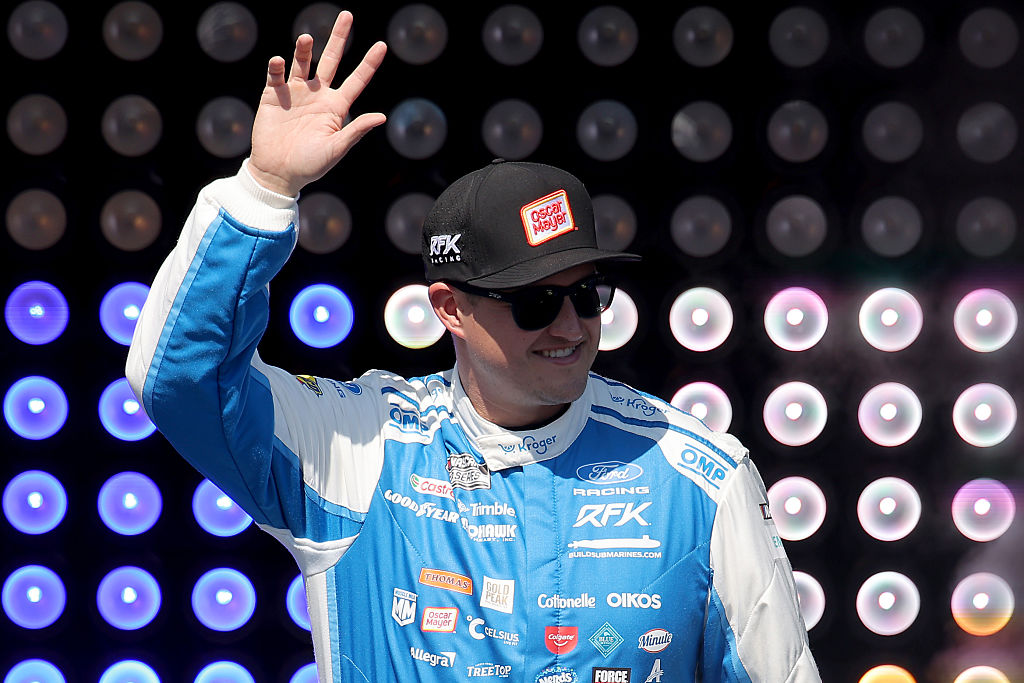 DARLINGTON, SOUTH CAROLINA - MARCH 22: Ryan Preece, driver of the #60 Kroger/Oscar Mayer/Heinz Ford, waves to fans as he walks onstage during driver intros prior to the NASCAR Cup Series Goodyear 400 at Darlington Raceway on March 22, 2026 in Darlington, South Carolina. (Photo by Jonathan Bachman/Getty Images)