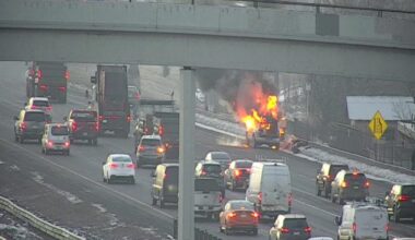 Vehicle catches fire on Deerfoot Trial in NE Calgary