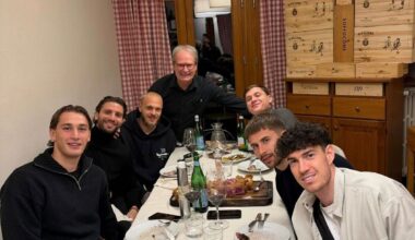 L-R: Pio Esposito, Manuel Locatellii, Federico Dimarco, Nicolo Barella, Guglielmo Vicario and Alessandro Bastoni pictured getting dinner in Florence while on international duty with Italy.