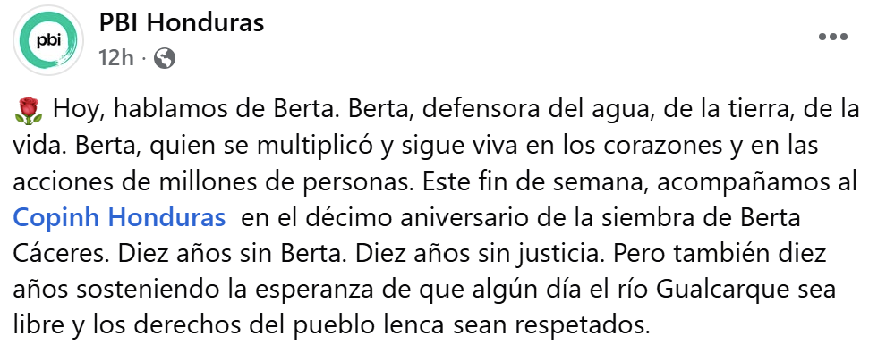 Photo-journal of PBI-Canada with PBI-Honduras accompanying COPINH on the 10th anniversary of the sowing of Berta Caceres