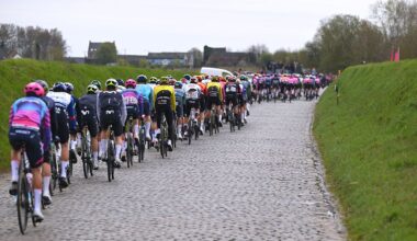 HARELBEKE, BELGIUM - MARCH 27: A general view of the peloton passing through the Holleweg cobblestones sector during the 68th E3 Saxo Classic 2026 a 208.5km one day race from Harelbeke to Harelbek / #UCIWT / on March 27, 2026 in Harelbeke, Belgium. (Photo by Tim de Waele/Getty Images)