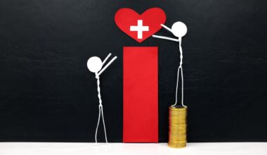 Stick man figure reaching for a red heart shape with cross cutout while stepping on stack of coins. Another stick figure not stepping on coins is unable to reach the heart