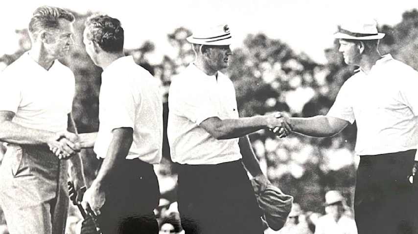 Jacky Cupit (second from right) shakes hands with Jack Nicklaus (far right) alongside his brother Buster Cupit (far left) and Arnold Palmer at the 1966 PGA National Two Ball Tournament. (Credit Cupit family)