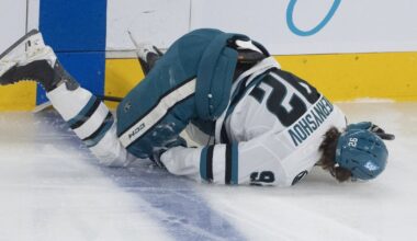 San Jose Sharks forward Igor Chernyshov exits against Montreal Canadiens after scary fall