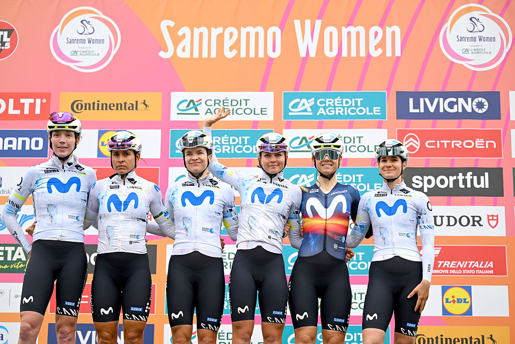 GENOVA, ITALY - MARCH 21: A general view of Cat Ferguson of Great Britain, Francesca Barale of Italy, Olivia Baril of Canada, Aude Biannic of France, Sara Martin of Spain, Arlenis Sierra of Cuba and Team Movistar prior to the 8th Milano-Sanremo Donne 2026, Women's Elite a 156km one day race from Genova to Sanremo / #UCIWWT / on March 21, 2026 in Genova, Italy. (Photo by Tim de Waele/Getty Images)
