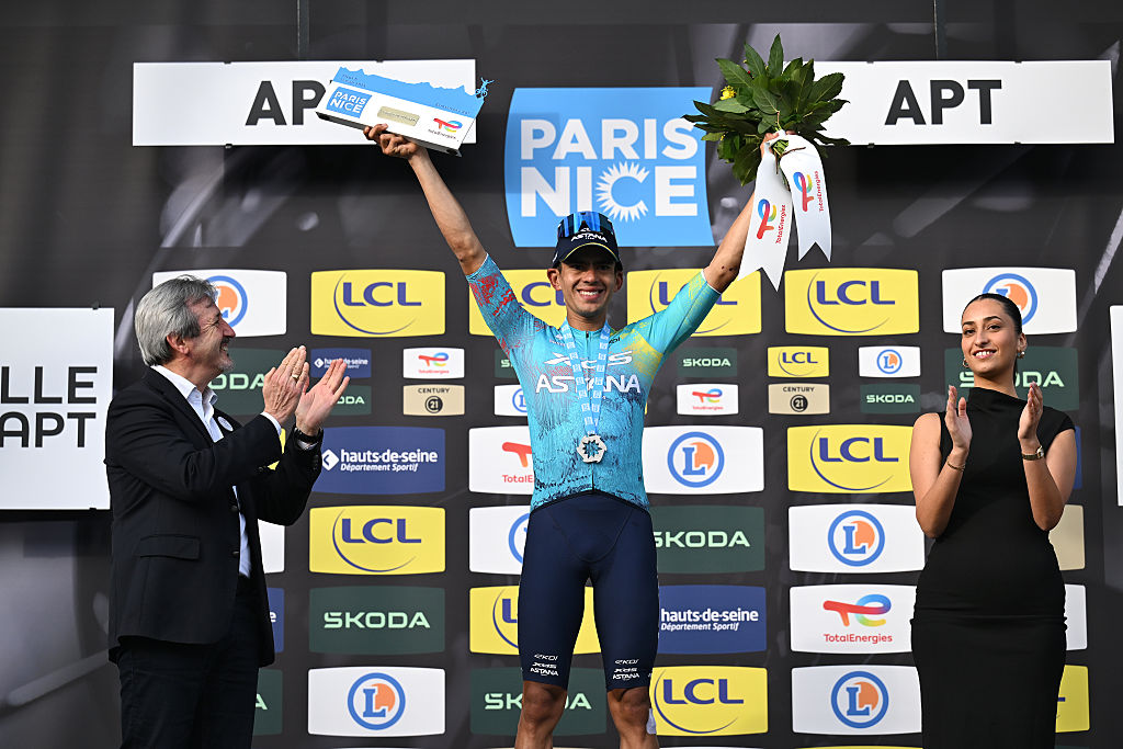 APT, FRANCE - MARCH 13: Harold Tejada of Colombia and Team XDS Astana celebrates at podium as stage winner during the 84th Paris-Nice 2026, Stage 6 a 179.3km stage from Barbentane to Apt 234m / #UCIWT / on March 13, 2026 in Apt, France. (Photo by Szymon Gruchalski/Getty Images)