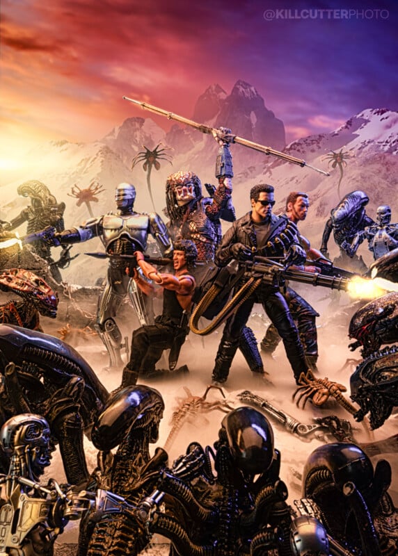 A group of action figures, including sci-fi movie characters like Terminator, RoboCop, Predator, and Rambo, stand together in a dramatic snowy mountain landscape, battling alien and robot creatures as the sun sets behind them.