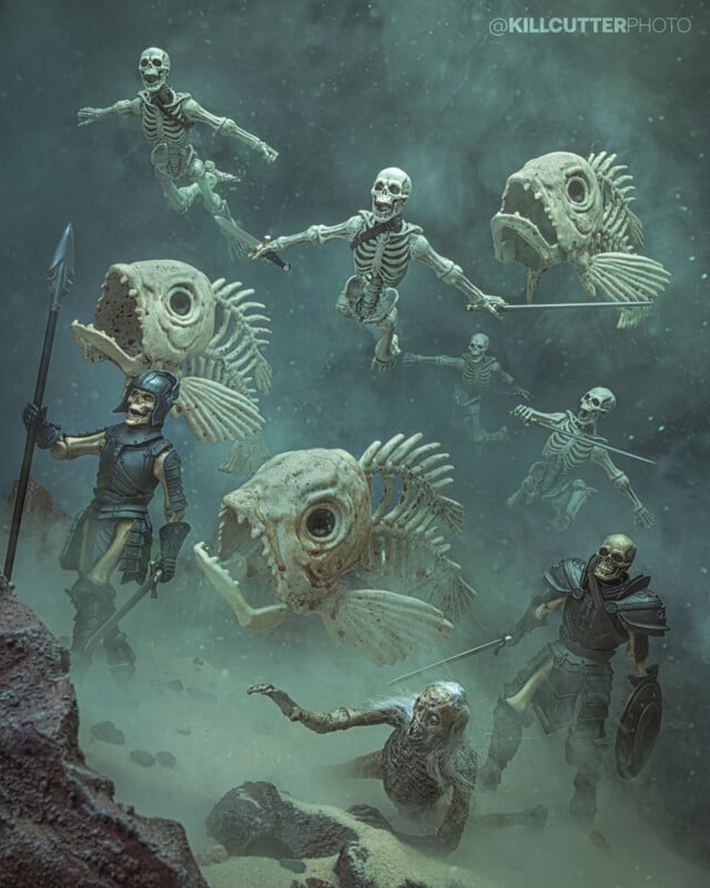 Underwater scene with armored skeletons and large skeletal fish. Some skeletons are riding the fish and carrying weapons. Bubbles and murky water add to the eerie, fantasy atmosphere.