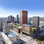 Artist rendering of vision for city-owned lands in Mississauga downtown featuring hotel and convention centre, performing arts centre, office and housing development