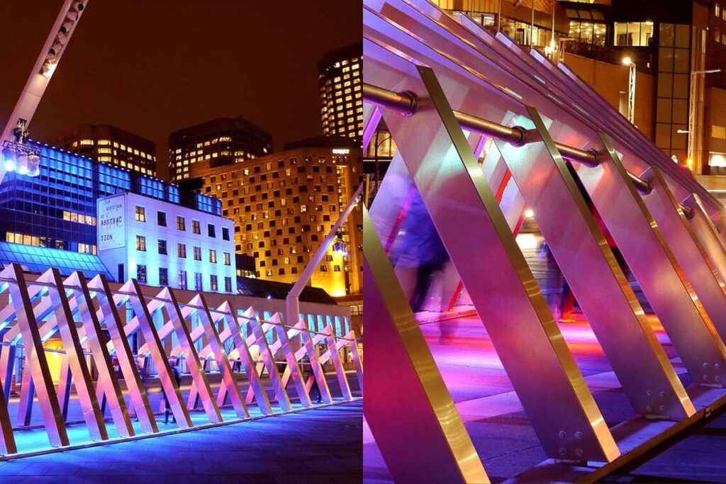 Collage of two photos of LUMINO, the light show in Montreal's Quartier des Spectacles