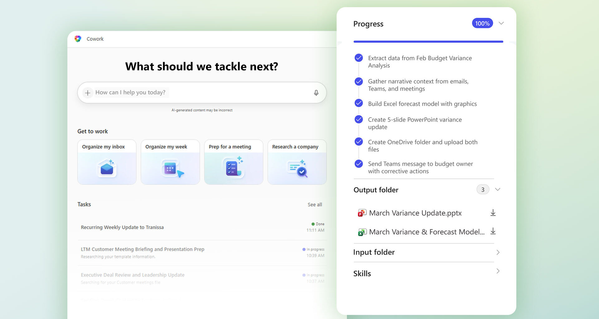 Microsoft 365 Copilot interface displaying task suggestions and a completed multi‑step workflow with progress tracking.