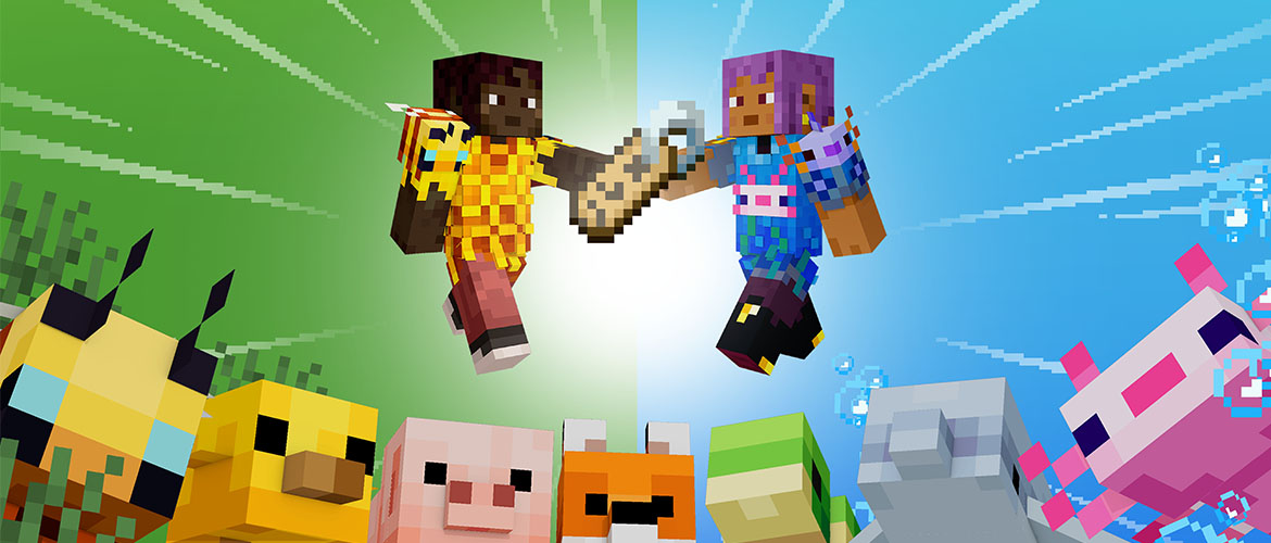 A split screen with two Minecraft player characters holding a name tag in the middle. One player is wearing a baby bee-themed top and is surrounded by several land baby mobs like a pig, bee, chicken, and fox. The other player is wearing a baby axolotl-themed top and is surrounded by a baby axolotl, turtle, and dolphin.