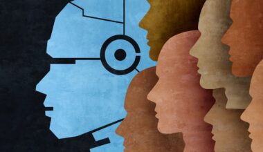 AI Robot Team Assistant Service and Chatbot agent or Robotic Automation, conceptual illustration. Robot head shape in background amongst others head shapes behind.