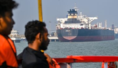 MUMBAI, INDIA – MARCH 12: The Liberia-flagged crude oil tanker Shenlong Suezmax successfully docked at Mumbai Port after navigating the high-risk Strait of Hormuz amid the intensifying West Asia conflict on March 11, 2026 in Mumbai, India. The vessel, which arrived from Saudi Arabia’s Ras Tanura port, is the first India-bound tanker to pierce the de facto maritime blockade following recent military strikes involving the U.S., Israel, and Iran. (Photo by Raju Shinde/Hindustan Times/Sipa USA)