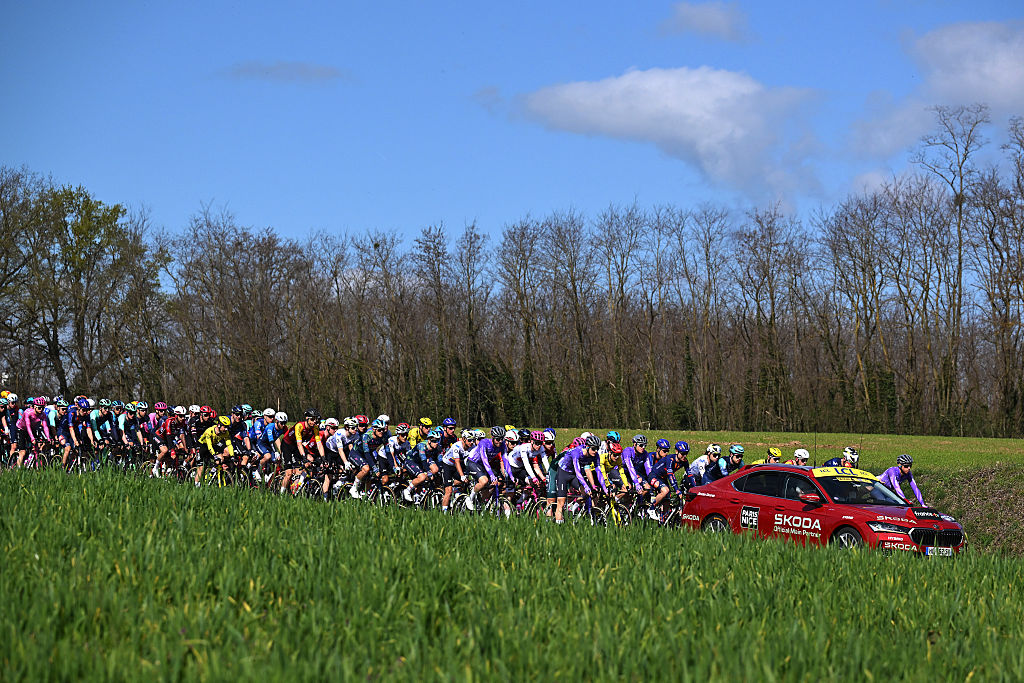 CORMORANCHE-SUR-SAONE, FRANCE - MARCH 12: A general view of the peloton prior to the 84th Paris-Nice 2026, Stage 5 a 206.3km stage from Cormoranche-sur-Saone to Colombier-le-Vieux / #UCIWT / on March 12, 2026 in Cormoranche-sur-Saone, France. (Photo by Szymon Gruchalski/Getty Images)