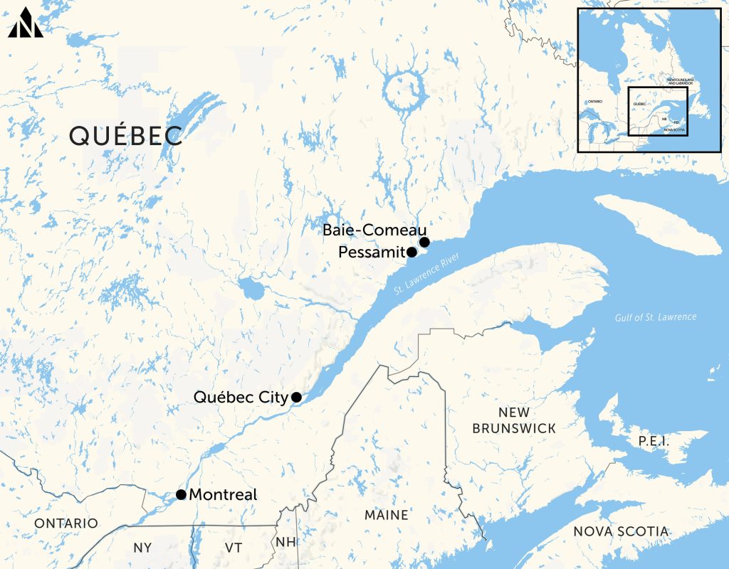 a map showing location of Baie-Comeau, Quebec, site of a proposed LNG export project