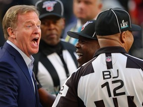 NFL Commissioner Roger Goodell speaks with the referees prior to Super Bowl LIV between the San Francisco 49ers and the Kansas City Chiefs at Hard Rock Stadium on Feb. 02 in Miami.