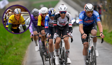 NIVONE, BELGIUM - FEBRUARY 28: (L-R) Florian Vermeersch of Belgium and UAE Team Emirates - XRG and Mathieu van der Poel of Netherlands and Team Alpecin-Premier Tech compete in the breakaway during the 21st Omloop Het Nieuwsblad 2026, Men's Elite a 207.2km one day race from Ghent to Ninove / #UCIWT / on February 28, 2026 in Ninove, Belgium. (Photo by Nico Vereecken - Pool/Getty Images)