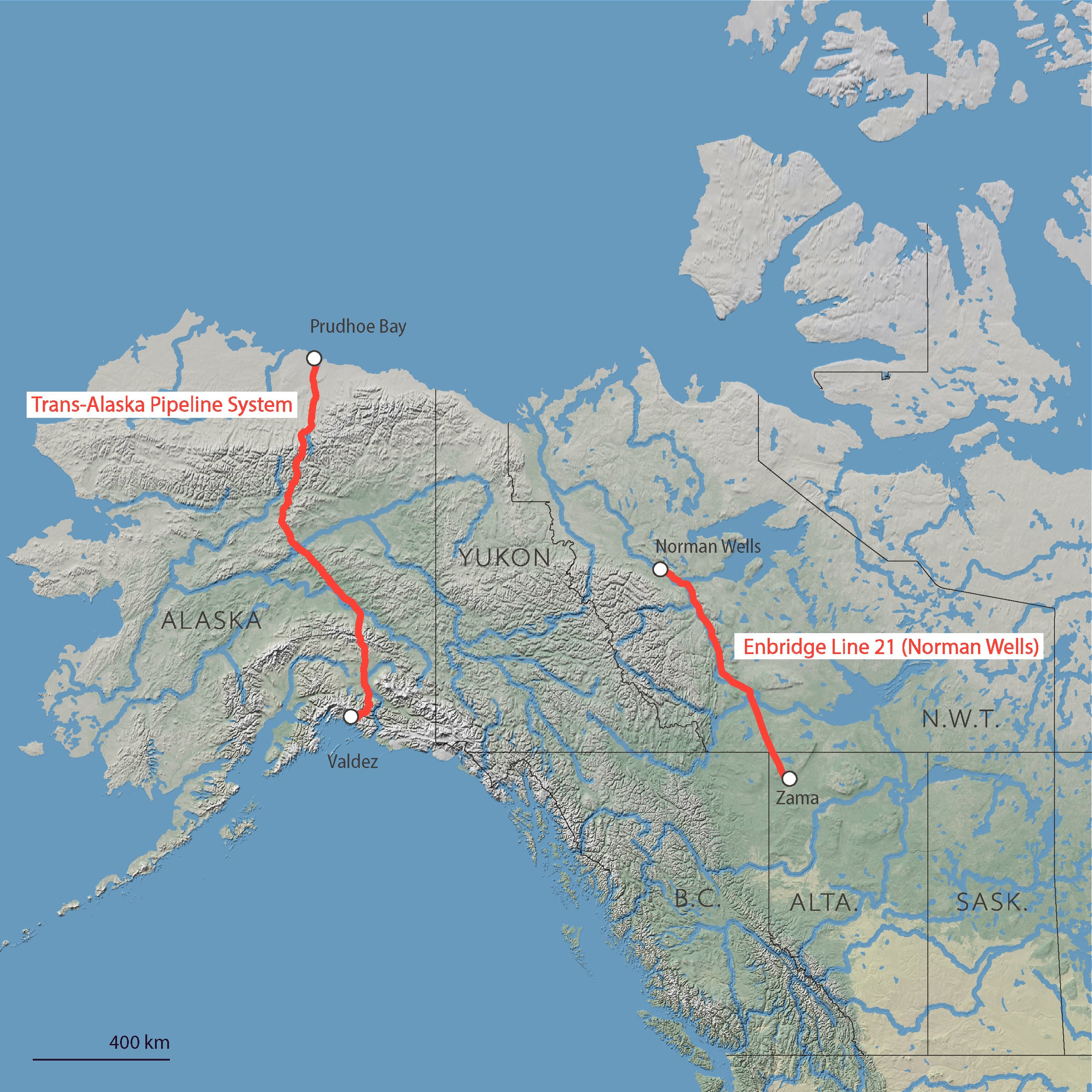 A map depicting northern Canada and Alaska, with the routes of two oil and gas pipelines illustrated in red.