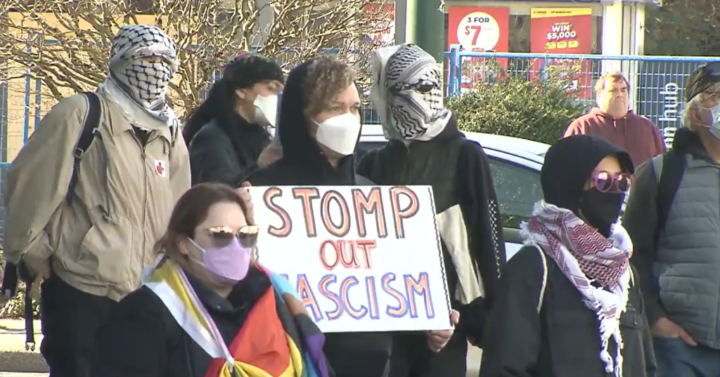 Protesters at a OneBC event in Vancouver Feb. 28, 2026. 
