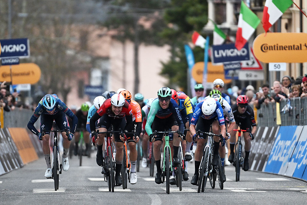 MAGLIANO DE&amp;apos; MARSI, ITALY - MARCH 11: (L-R) Paul Magnier of France and Team Soudal Quick-Step, Arnaud De Lie of Belgium and Team Lotto Intermarch&eacute;, stage winner Tobias Lund Andresen of Denmark and Team Decathlon CMA CGM and Jasper Philipsen of Belgium and Team Alpecin-Premier Tech sprint at finish line during the 61st Tirreno-Adriatico 2026, Stage 3 a 221km stage from Cortona to Magliano de&amp;apos; Marsi 332m / #UCIWT / on March 11, 2026 in Magliano de&amp;apos; Marsi, Italy. (Photo by Tim de Waele/Getty Images)
