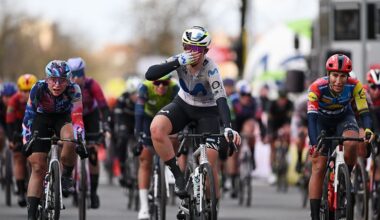 BRUGES, BELGIUM - MARCH 26: Carys Lloyd of Great Britain and Team Movistar celebrates at finish line as race winner during the 9th Ronde van Brugge - Tour of Bruges 2026, Women&amp;apos;s Elite a 143.7km one day race from Bruges to Bruges on March 26, 2026 in Bruges, Belgium. (Photo by Luc Claessen/Getty Images)