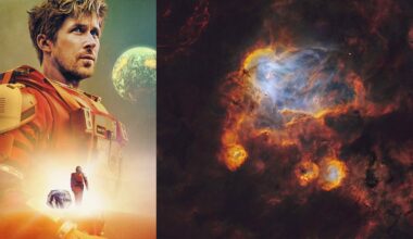 A man in an orange NASA spacesuit stands with a dog on a rocky surface, with a green planet behind him. To the right, a colorful nebula glows in space with swirling clouds of blue, orange, and yellow.