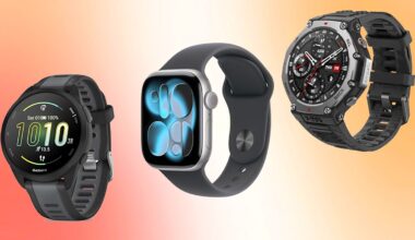 The Garmin Forerunner 165, Apple Watch Series 11 and Amazfit T-Rex 3 on a orange and red background