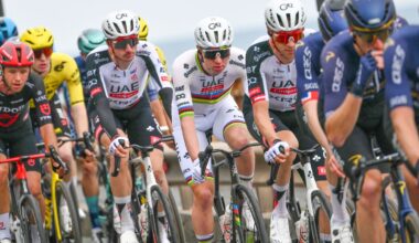 UAE Team Emirate's Slovenian rider Tadej Pogacar (C) rides in the pack during the 117th Milan - Sanremo one-day classic cycling race, on March 21, 2026. (Photo by Marco BERTORELLO / AFP via Getty Images)