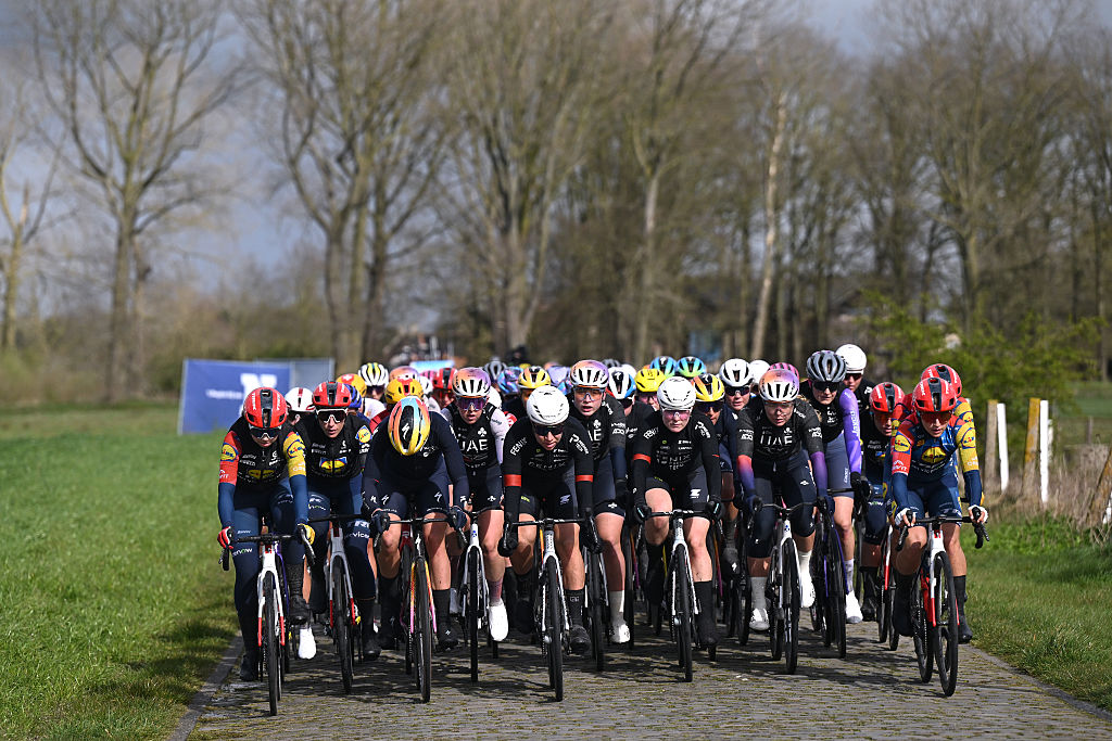 BRUGES, BELGIUM - MARCH 26: (L-R) Ava Holmgren of Canada, Elisa Balsamo of Italy and Team Lidl - Trek, Femke Markus of Netherlands and Team SD Worx - Protime, Christina Schweinberger of Austria and Team Fenix-Premier Tech, Fleur Moors of Belgium and Emma Norsgaard Bjerg of Denmark and Team Lidl - Trek compete during the 9th Ronde van Brugge - Tour of Bruges 2026, Women's Elite a 143.7km one day race from Bruges to Bruges on March 26, 2026 in Bruges, Belgium. (Photo by Luc Claessen/Getty Images)