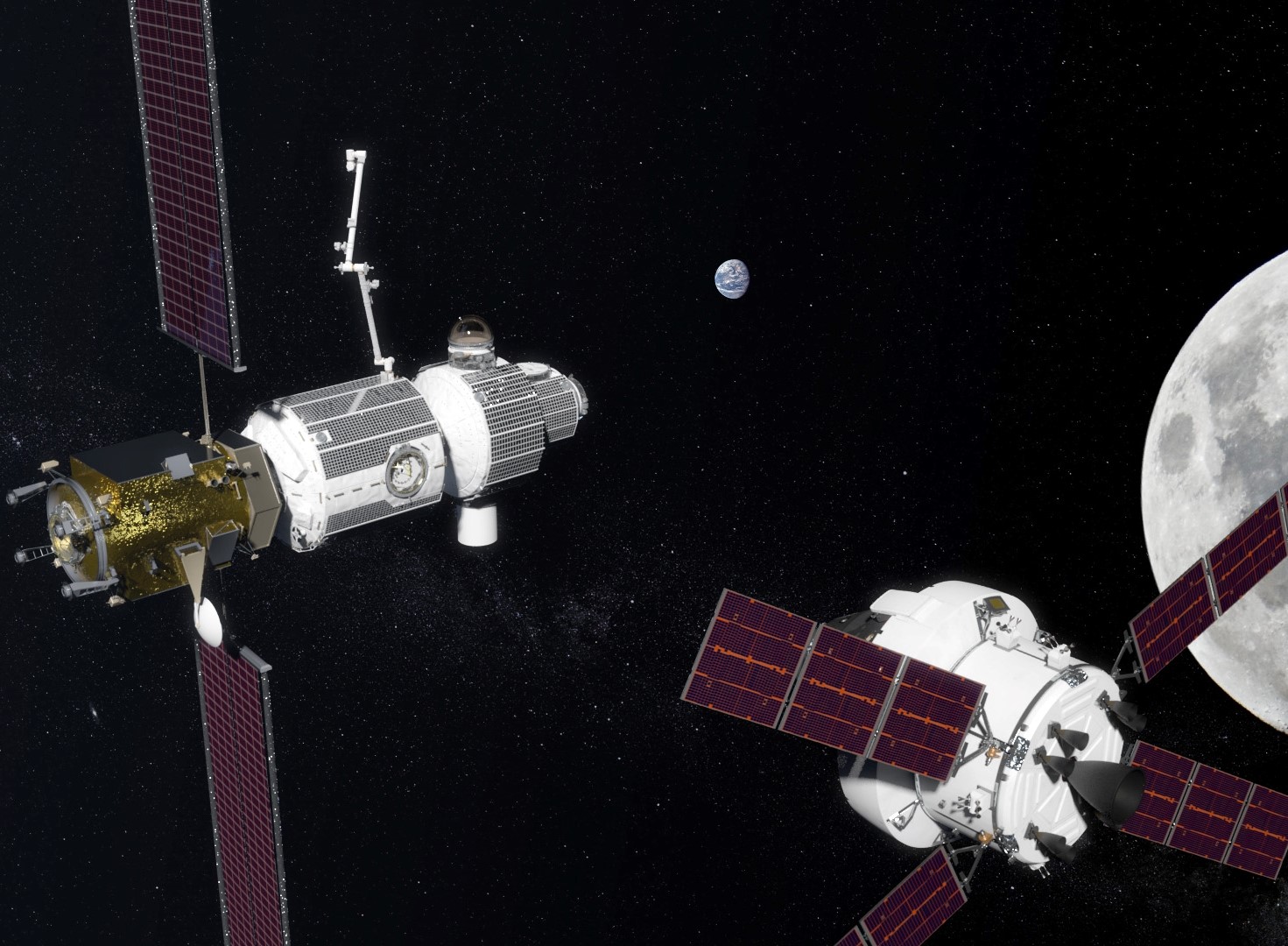 Artist's concept of NASA's deep space gateway in lunar orbit.