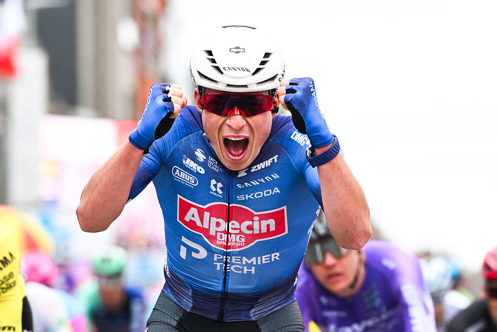 Belgian Jasper Philipsen of Alpecin-Premier Tech celebrates after winning the men elite 'Middelkerke-Wevelgem - In Flanders Fields' one day cycling race, 240.8 km from Middelkerke to Wevelgem, on March 29, 2026. (Photo by MAARTEN STRAETEMANS / Belga / AFP) / Belgium OUT