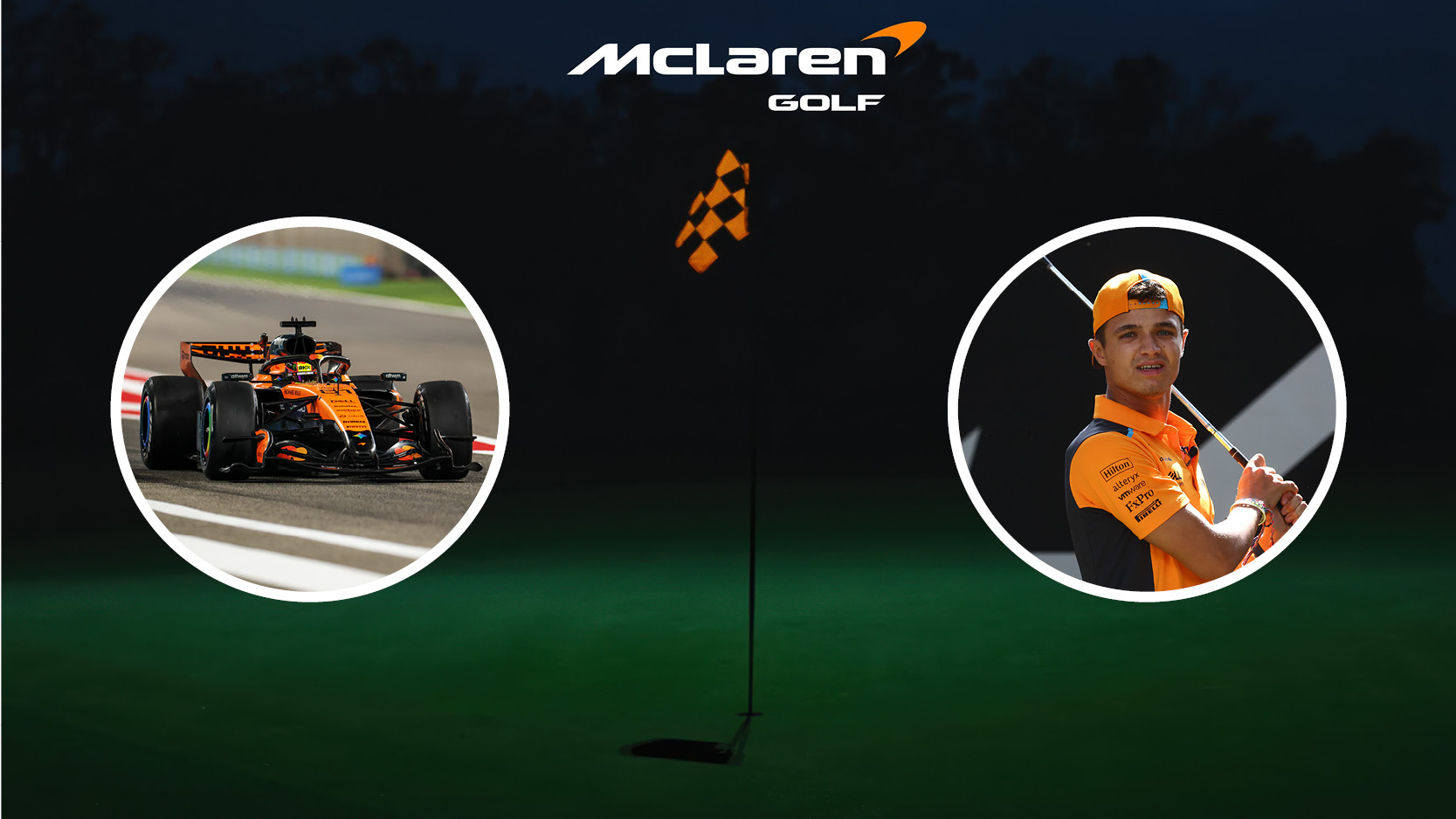 A McLaren flag with a picture of their car and Lando Norris
