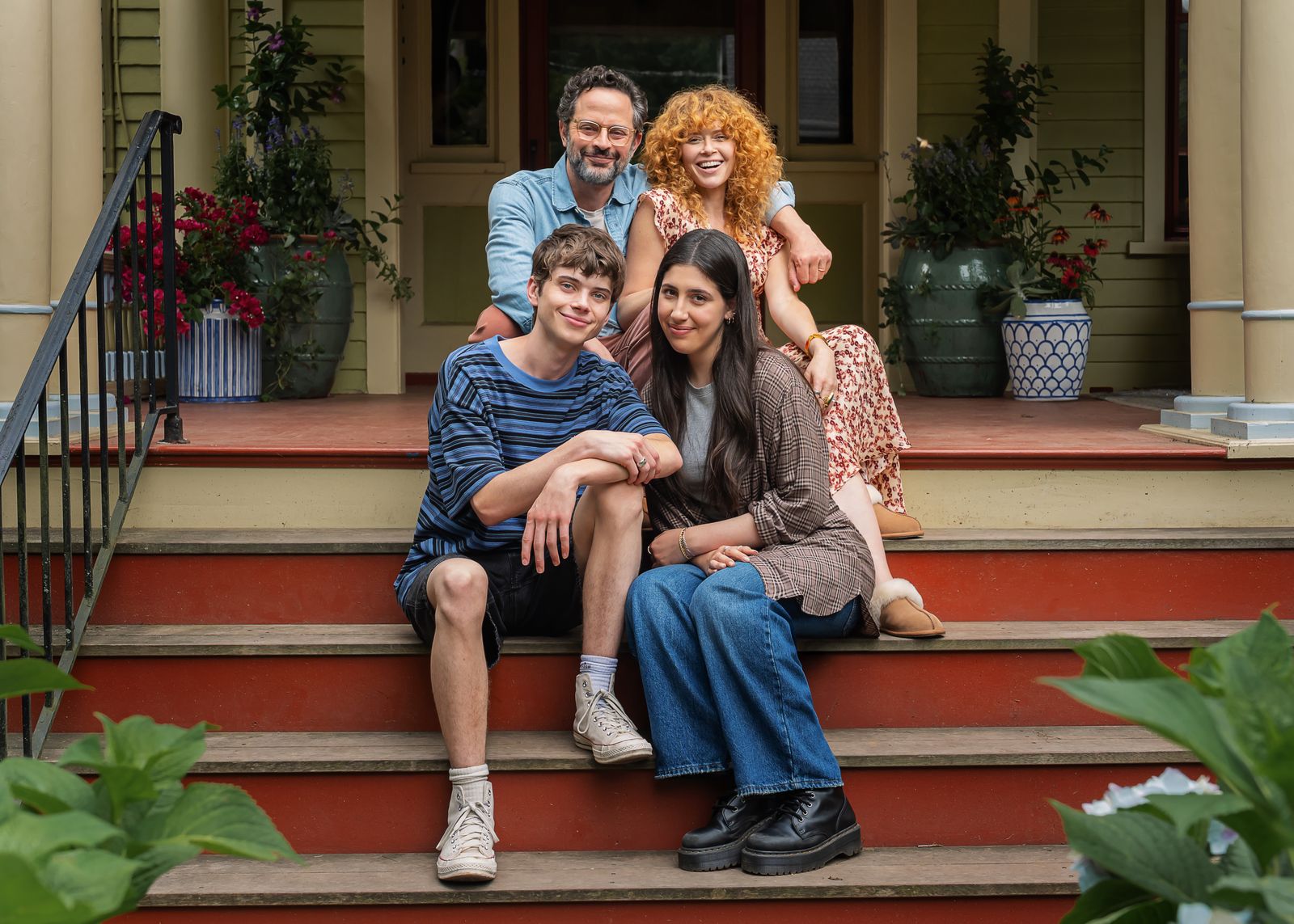 Nick Kroll as Brian Natasha Lyonne as Hannah Aidan Langford as Alex and Sadie Sandler as Devon on the set of Roommates.
