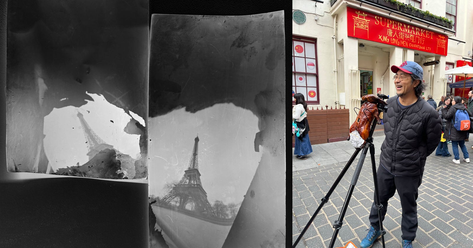 A man wearing a cap stands on a city street beside a large camera on a tripod. Next to him are two black-and-white photographic negatives, one showing the Eiffel Tower. A supermarket is visible in the background.