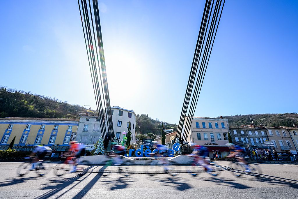 The pack of riders pictured in action during the fifth stage of 84th edition of the Paris-Nice cycling race, a race from Cormoranche-sur-Saone to Colombier-le-Vieux (205,4km), on Thursday 12 March 2026. BELGA PHOTO DAVID PINTENS (Photo by DAVID PINTENS / BELGA MAG / Belga via AFP)