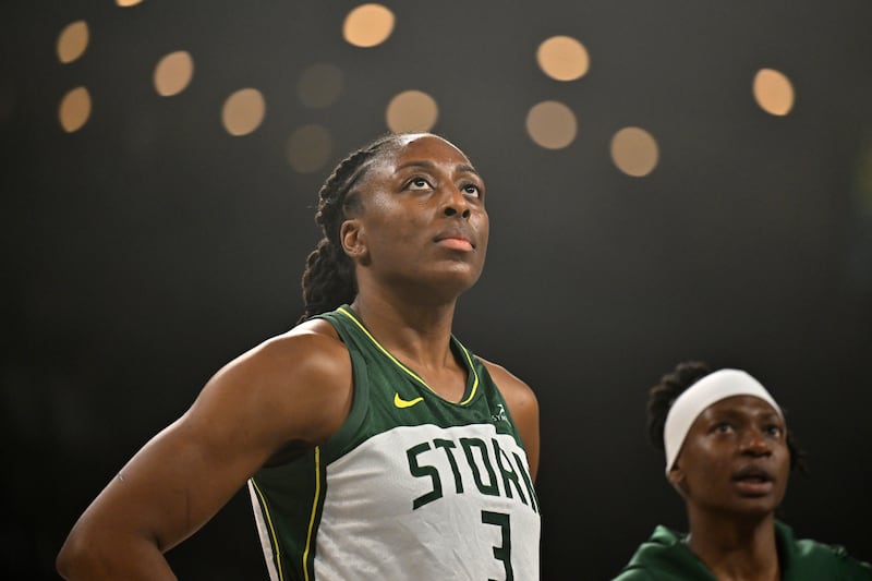 LAS VEGAS, NV - SEPTEMBER 18: Nneka Ogwumike #3 of the Seattle Storm looks on before the game against the Las Vegas Aces during round 1 game 3 on September 18, 2025 at Michelob ULTRA Arena in Las Vegas, Nevada. NOTE TO USER: User expressly acknowledges and agrees that, by downloading and or using this photograph, User is consenting to the terms and conditions of the Getty Images License Agreement. Mandatory Copyright Notice: Copyright 2025 NBAE (Photo by David Becker/NBAE via Getty Images)
