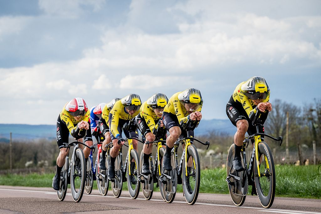 Team Visma-Lease a Bike riders pictured in action during the third stage of 84th edition of the Paris-Nice cycling race, a team time trial from Cosne-Cours-sur-Loire to Pouilly-sur-Loire (23,5 km), on Tuesday 10 March 2026. BELGA PHOTO DAVID PINTENS (Photo by DAVID PINTENS / BELGA MAG / Belga via AFP)