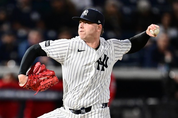TAMPA, FLORIDA - FEBRUARY 25: Ryan Weathers #40 of the New York Yankees pitches in the first inning against the Washington Nationals during a Grapefruit League spring training game at George M. Steinbrenner Field on February 25, 2026 in Tampa, Florida. (Photo by Julio Aguilar/Getty Images)