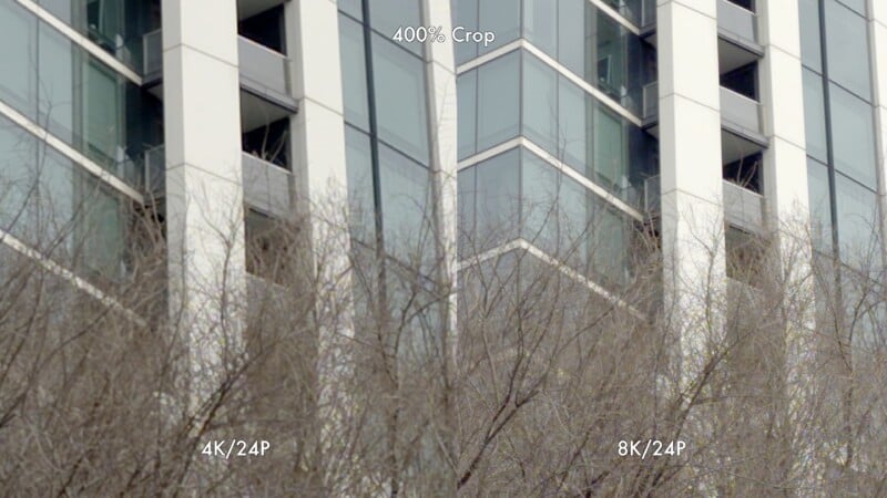 A split-screen comparison shows a building’s glass windows and white walls behind leafless tree branches, with "4K/24P" on the left, "8K/24P" on the right, and "400% Crop" at the top center.
