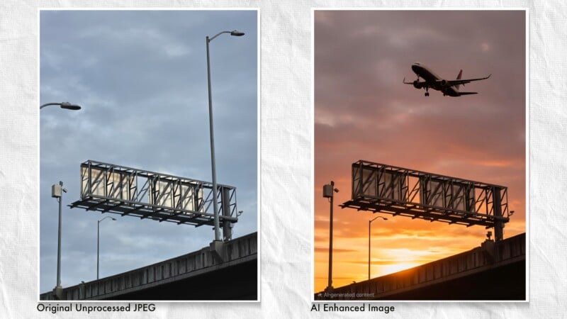 Side-by-side images: left shows a plain highway sign in daylight; right shows the same scene with vivid sunset colors and an airplane flying above, both viewed from below an overpass.