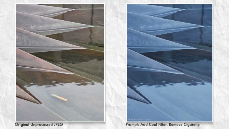 Side-by-side comparison of a photo with metal spikes above water: the left image is unprocessed with a cigarette in the water, while the right has a cool blue filter and the cigarette is removed.