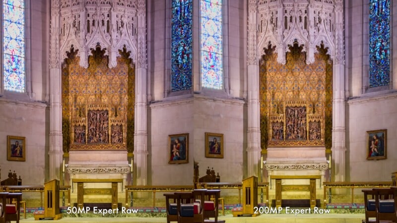 Side-by-side comparison of two photos of a church interior, showing differences in detail and clarity between 50MP Expert Raw (left) and 200MP Expert Raw (right) camera modes. Stained glass windows and altar are visible.
